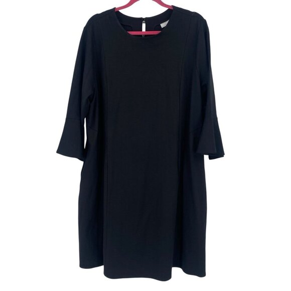 J.Jill Plus Size 2X Black Ponte Knit Solid Dress NWT Bell Sleeve Pockets - Picture 1 of 12